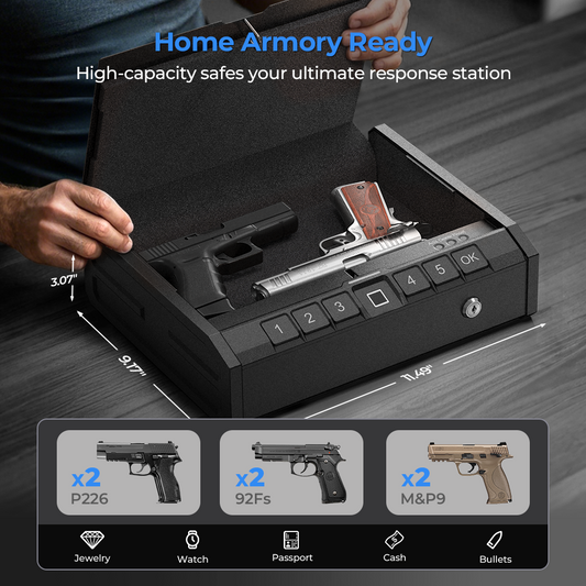 The capacity is 11.49''x9.17''x3.07'', which can accommodate pistols x2 (type can be P226/92F/M&P9) -ONNAIS Iron Se