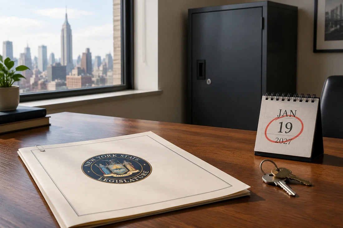 A New York law document, keys, calendar, and secure storage cabinet with the New York skyline in the background.