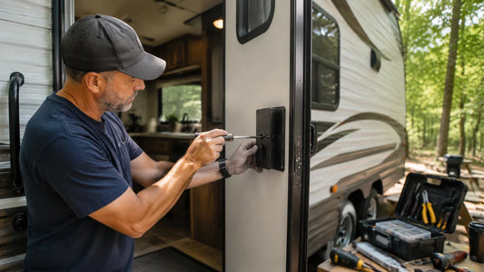 RV owner replacing a travel trailer entry door lock