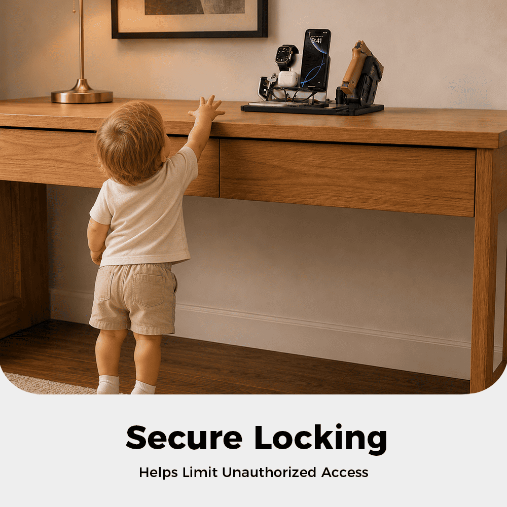 Onnais Defender EDC Tray Stand with Biometric Gun Lock | Secure Organizer for Firearms & Everyday Gear