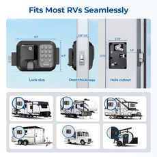 RV lock system with dimensions and compatibility illustrations for various RVs.