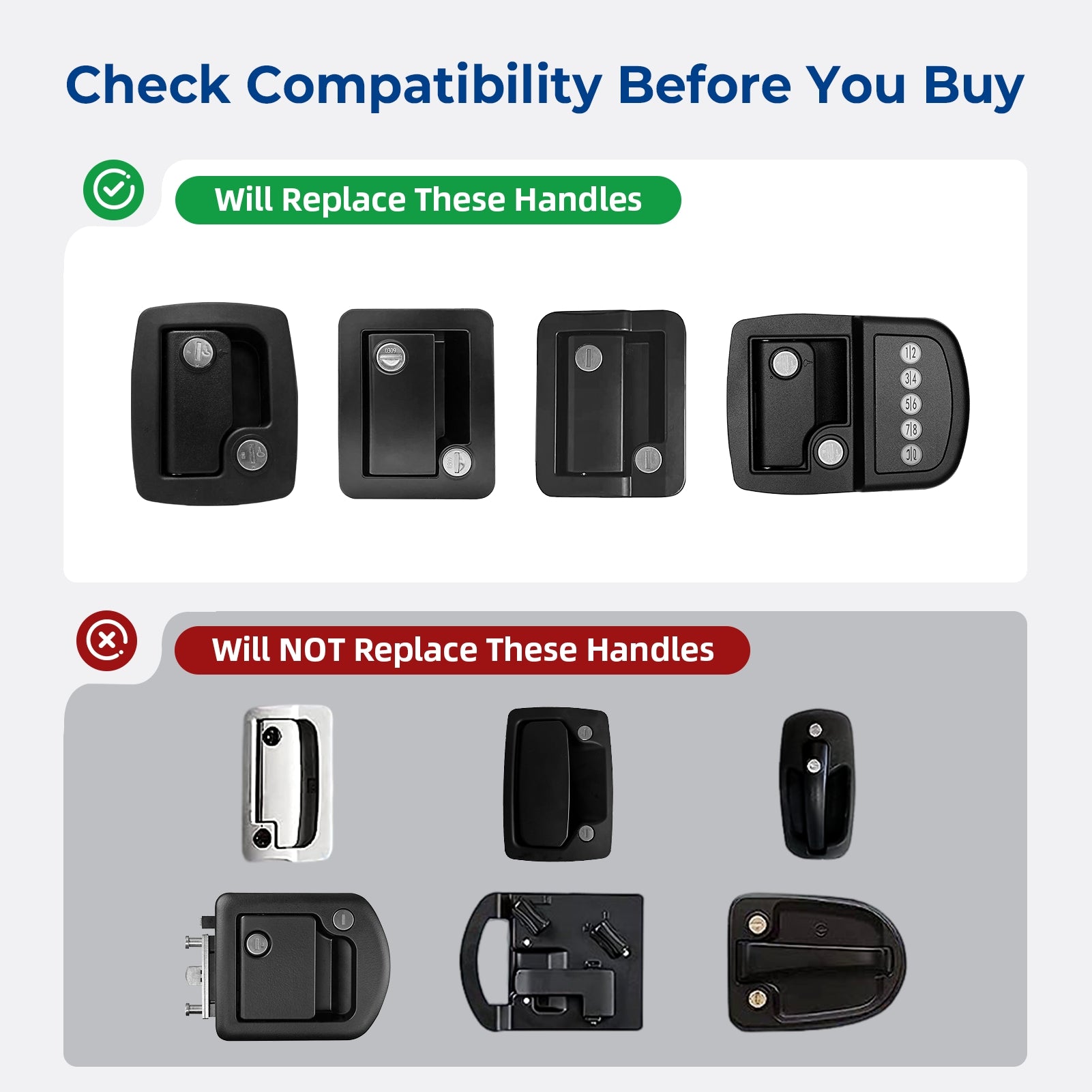 Compatibility chart for door handles showing which are compatible and which are not.