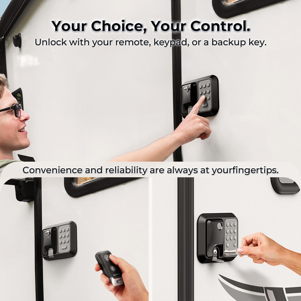 Electronic lock with keypad, remote, and key control