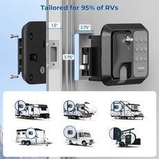 RV door lock system with measurements and compatibility illustrations.