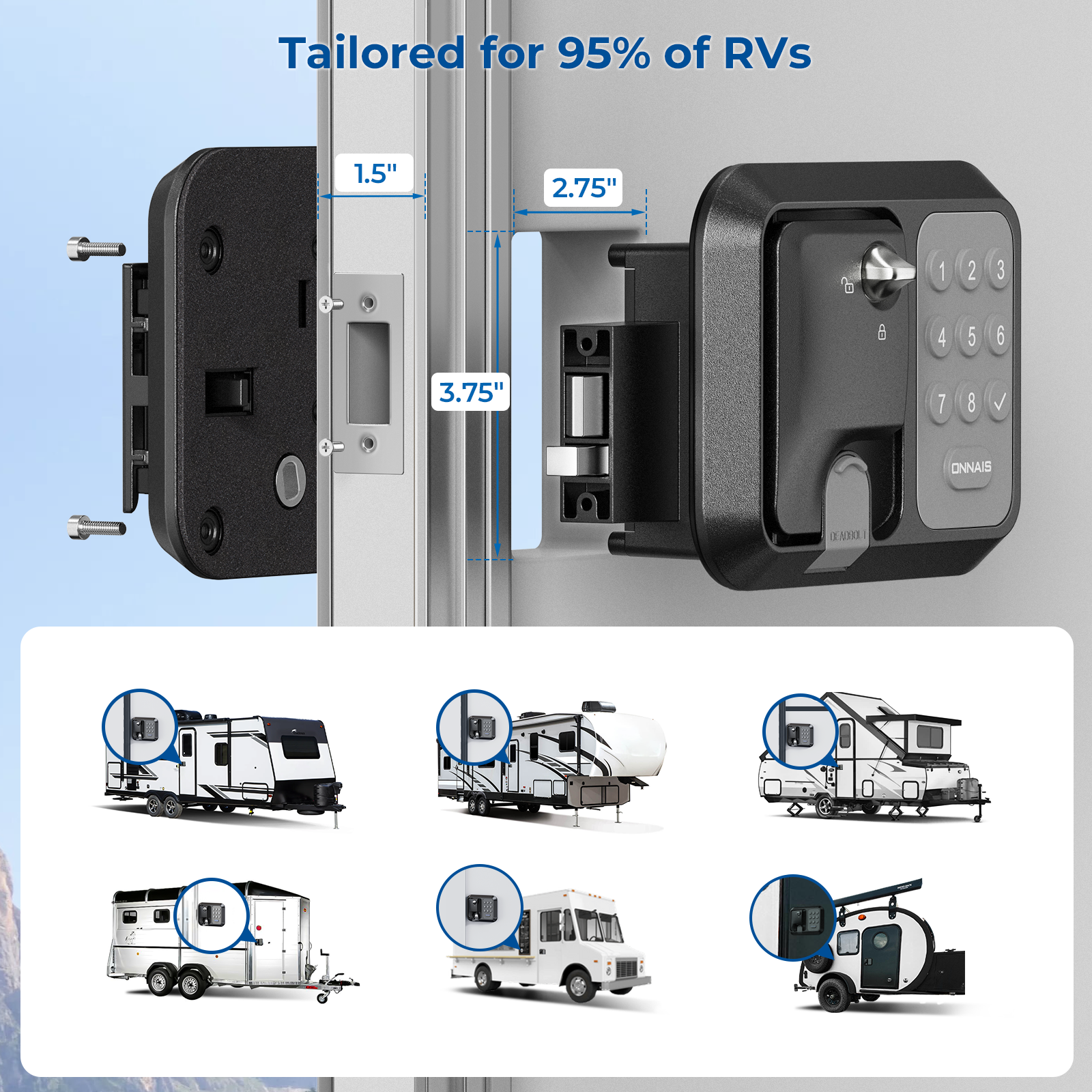 RV door lock system with measurements and compatibility illustrations.