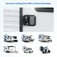 Digital lock on a storage unit with RVs illustrated below, emphasizing remote locking feature.
