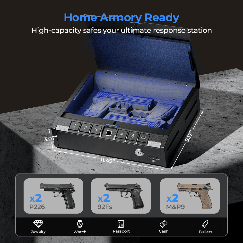 The capacity is 11.49''x9.17''x3.07'', which can accommodate pistols x2 (type can be P226/92F/M&P9)-ONNAIS Iron Pro