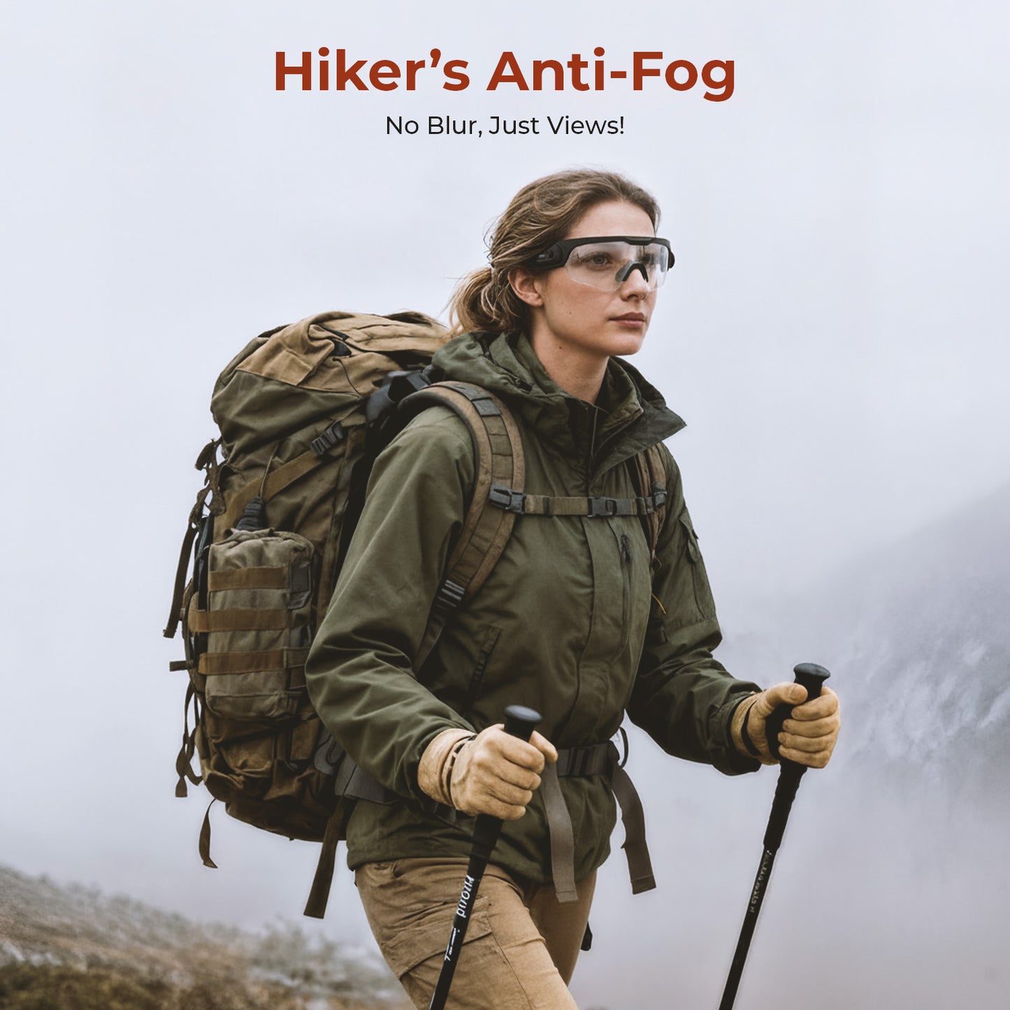 Hiker wearing clear safety glasses with anti-fog message in foggy outdoor setting
