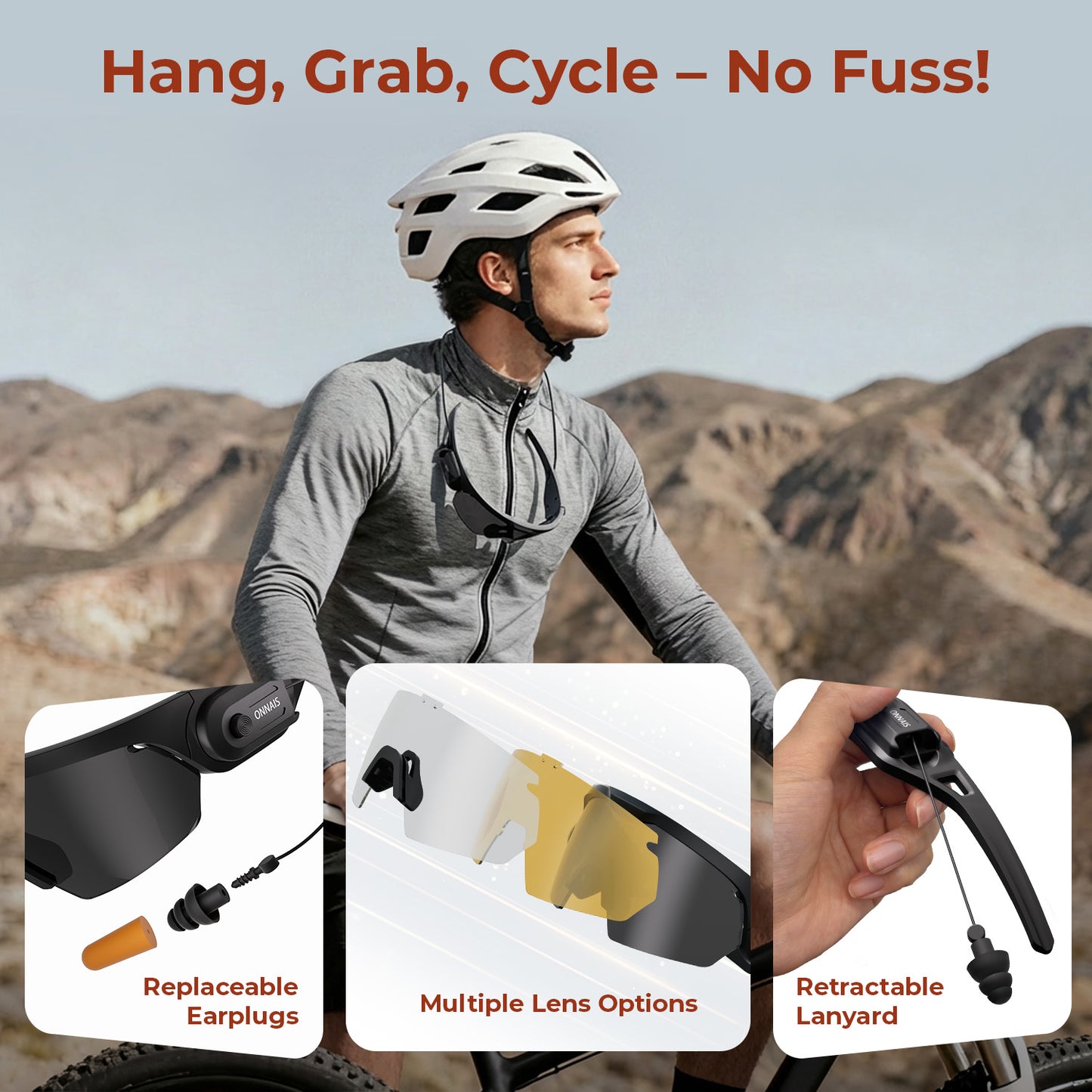 Cyclist with feature panels showing replaceable earplugs, multiple lens options, and retractable lanyard