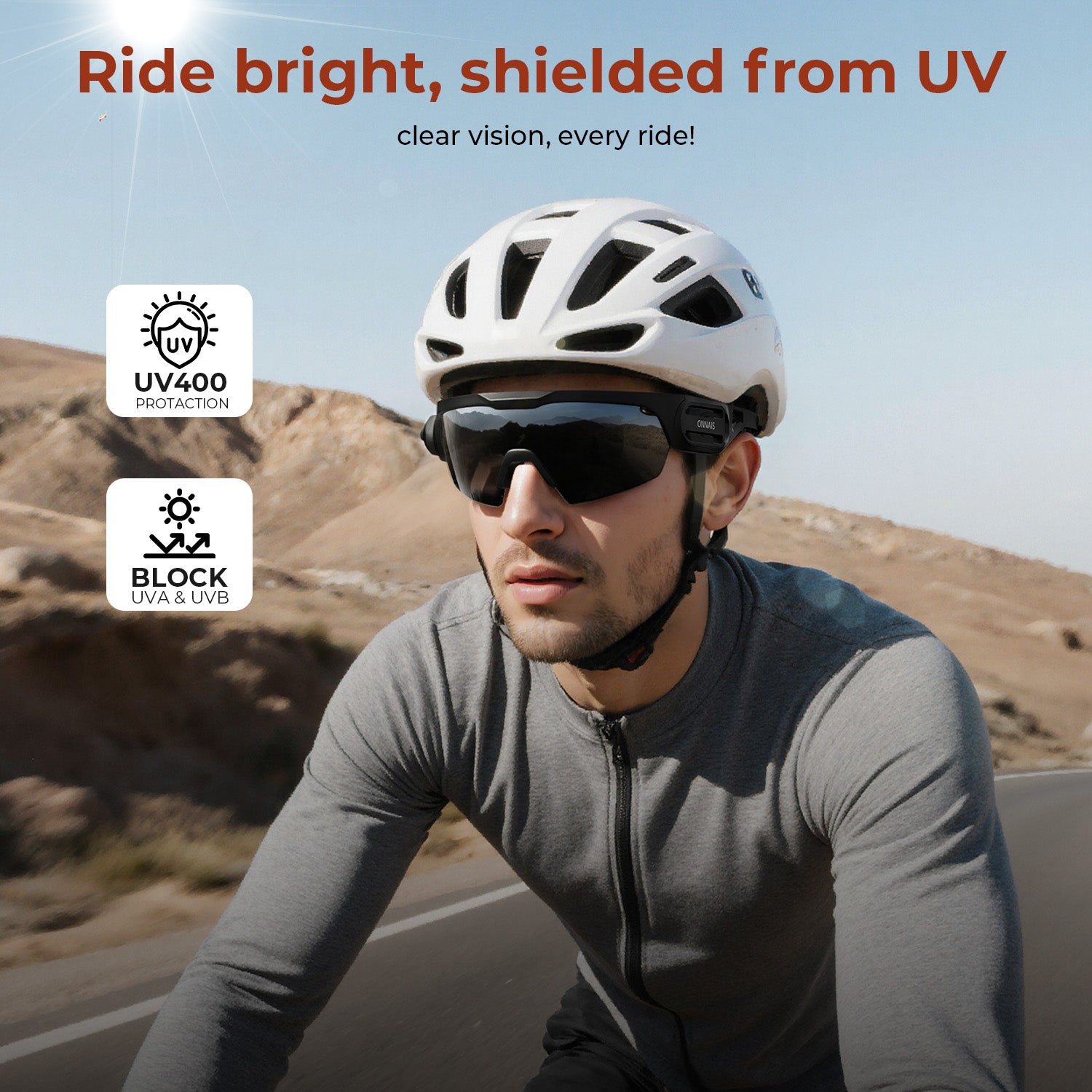 Cyclist wearing dark lens glasses with UV400 protection icons and UVA/UVB blocking message