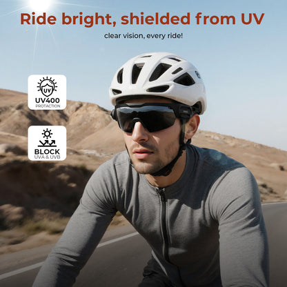 Cyclist wearing dark lens glasses with UV400 protection icons and UVA/UVB blocking message