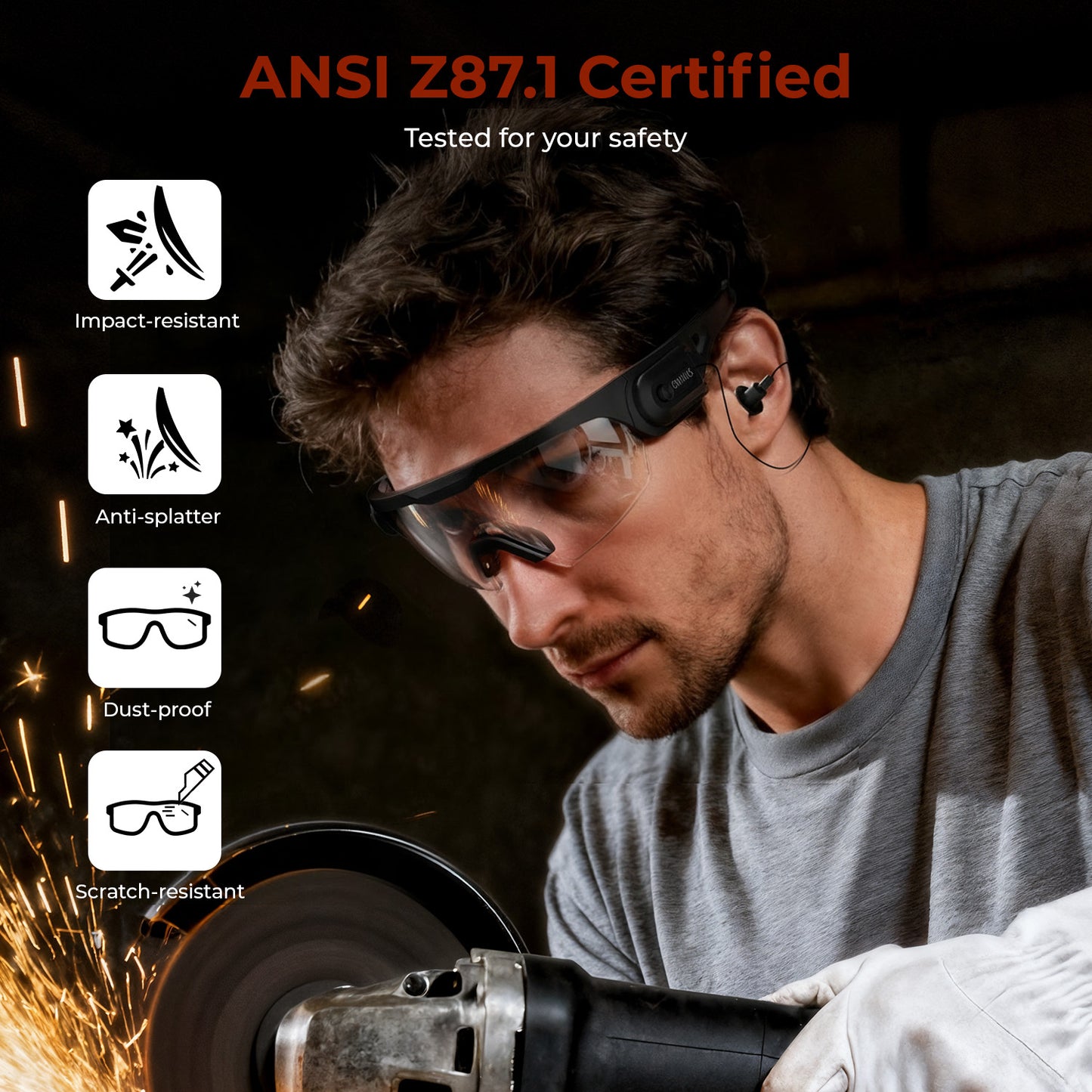 ANSI Z87.1 certified safety glasses worn while grinding metal; icons for impact, anti-splatter, dust-proof, scratch-resistant