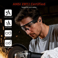 ANSI Z87.1 certified safety glasses worn while grinding metal; icons for impact, anti-splatter, dust-proof, scratch-resistant