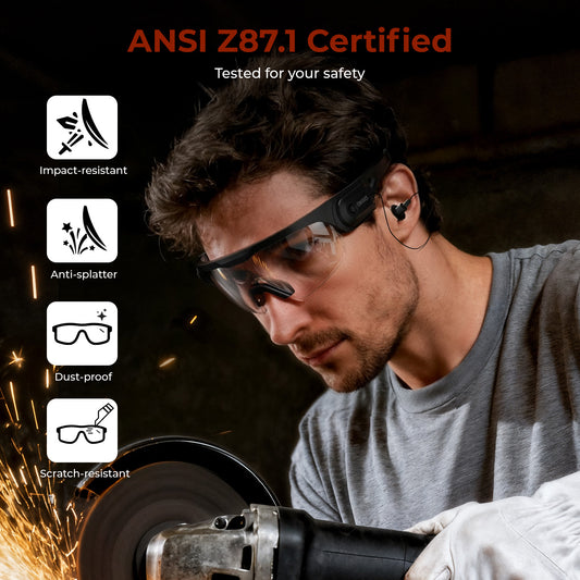 ANSI Z87.1 certified safety glasses worn while grinding metal; icons for impact, anti-splatter, dust-proof, scratch-resistant
