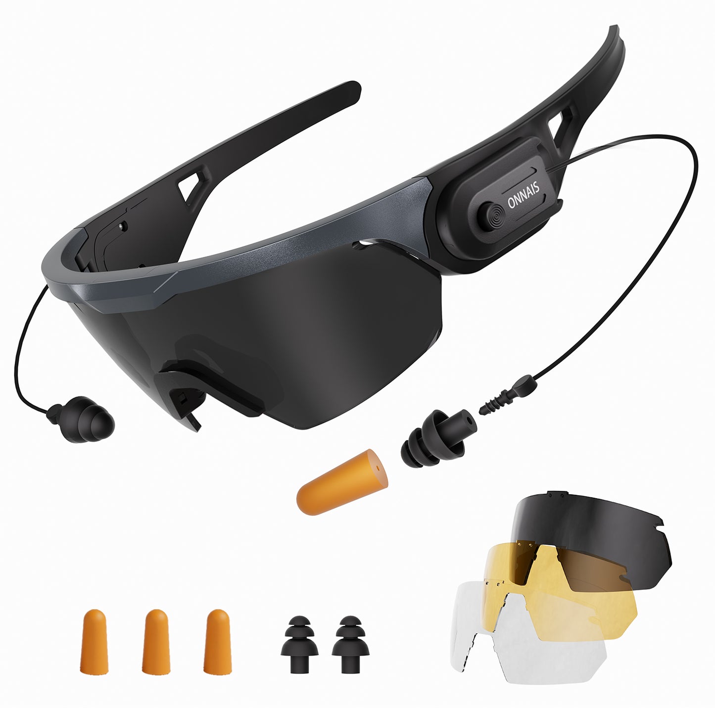ONNAIS Shooting Glasses with Detachable Earplugs ANSI Z87.1+ High-Impact Safety Glasses, NRR 32dB Hearing Protection, Anti-Fog, 3 Interchangeable Lenses, 100% UV Protection