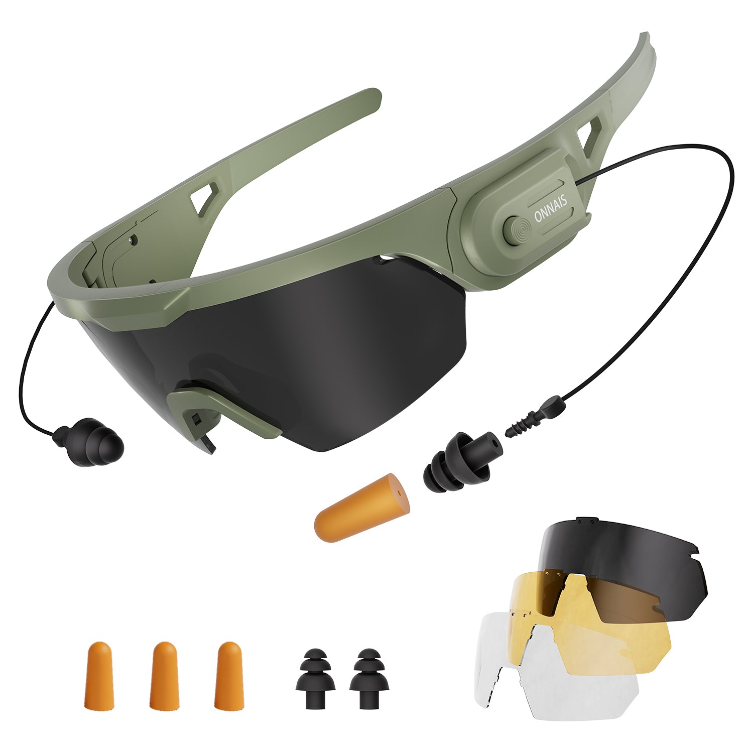 ONNAIS Shooting Glasses with Detachable Earplugs ANSI Z87.1+ High-Impact Safety Glasses, NRR 32dB Hearing Protection, Anti-Fog, 3 Interchangeable