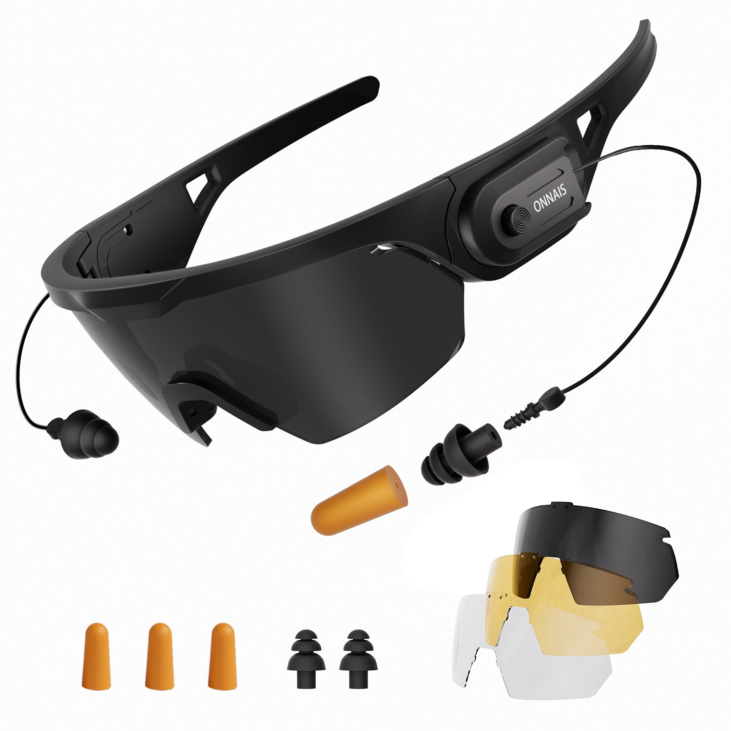 ONNAIS Shooting Glasses with Detachable Earplugs ANSI Z87.1+ High-Impact Safety Glasses, NRR 32dB Hearing Protection, Anti-Fog, 3 Interchangeable