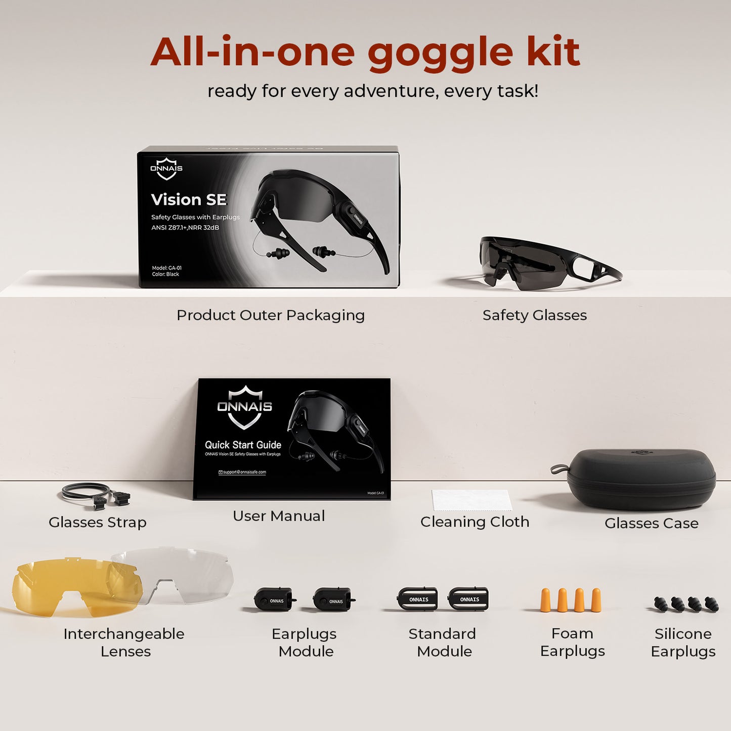 All-in-one goggle kit layout showing packaging, glasses, case, strap, cloth, lenses, modules, and earplugs