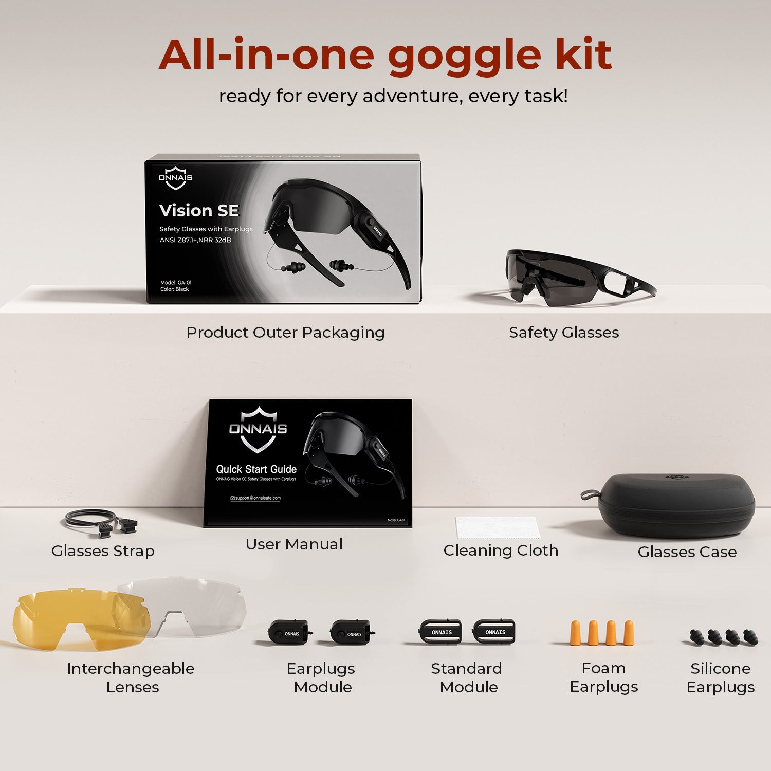 All-in-one goggle kit layout showing packaging, glasses, case, strap, cloth, lenses, modules, and earplugs