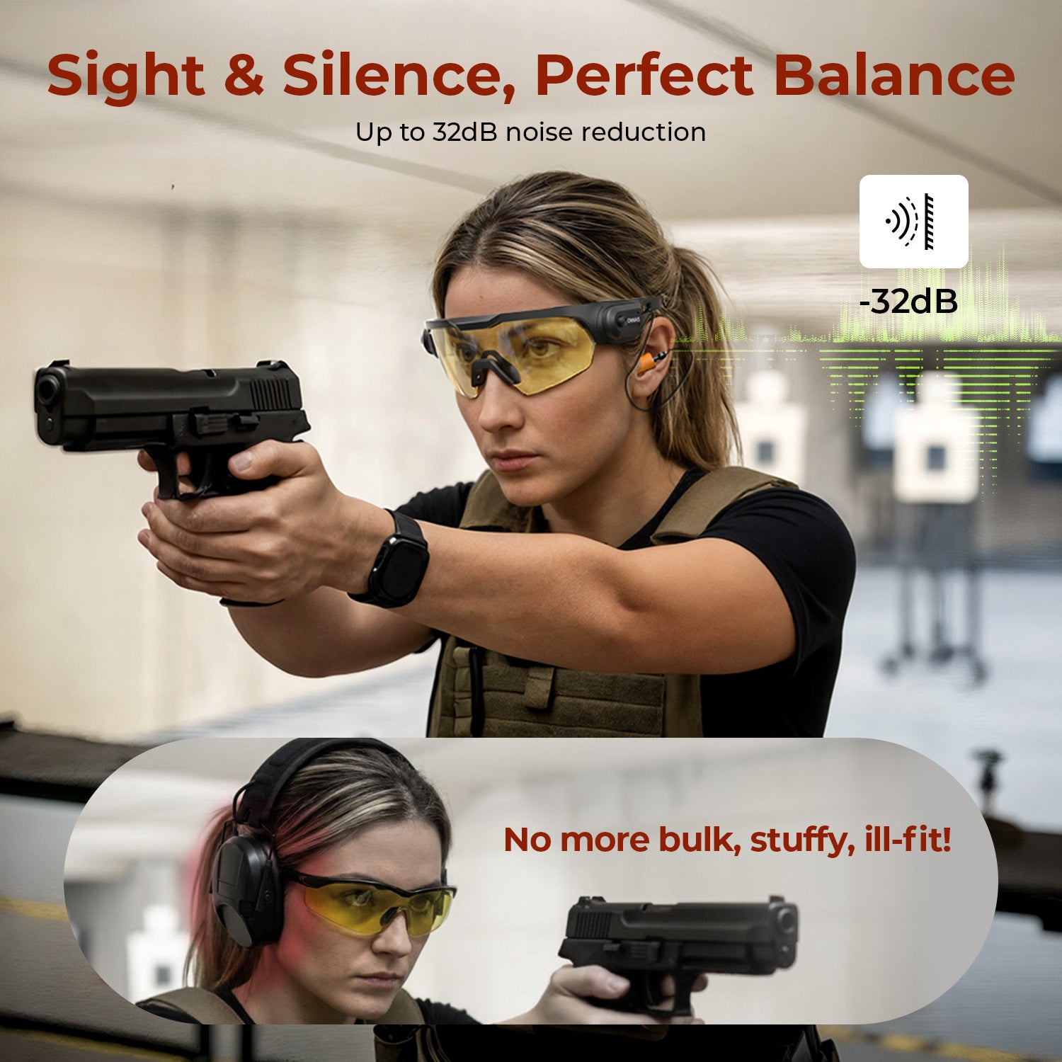 Indoor range user wearing safety glasses and earplugs; text about up to 32dB noise reduction