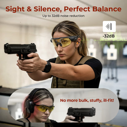 Indoor range user wearing safety glasses and earplugs; text about up to 32dB noise reduction
